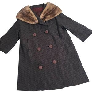 VTG Coat Len Artel Mink Fur Trim ILGWU 3/4 Sleeve MCM Jacket Gray Brown